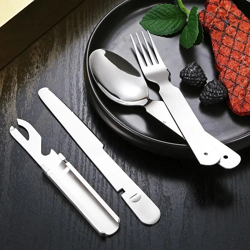 Stainless Steel Tableware Set Outdoor Household Knife Fork Spoon Travel Camping Portable Bottle Opener 4pc/set