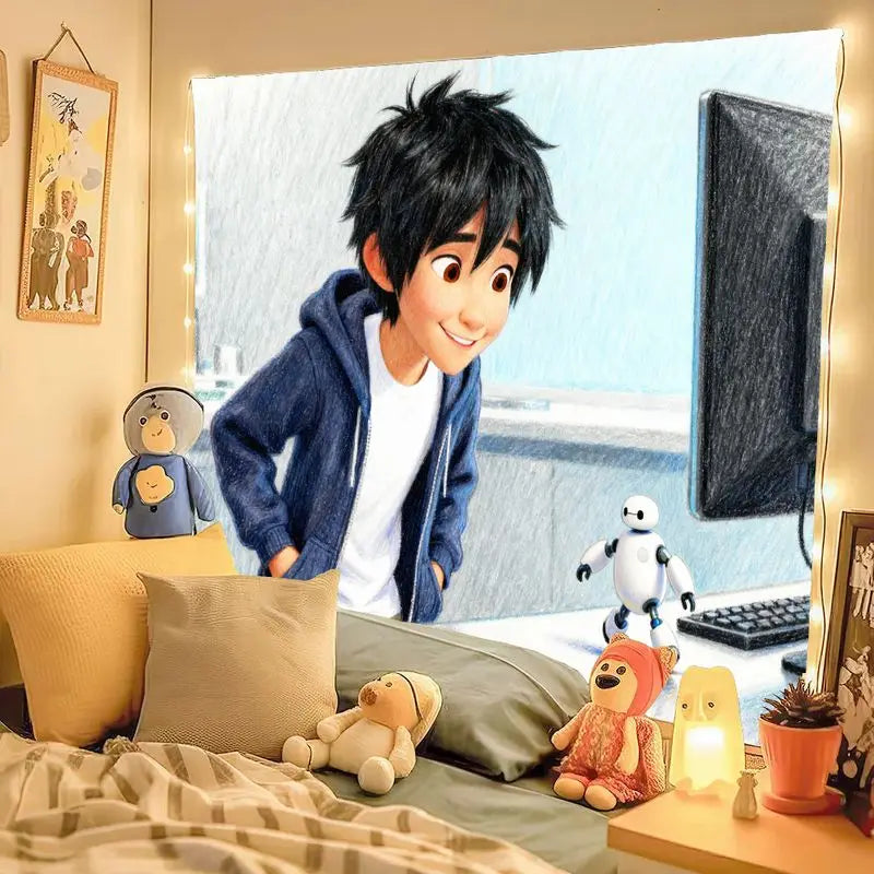 1PC Big Hero 6 Hiro Hamada Baymax Anime Tapestry, Modern Polyester Wall Art Decor for Kids Room Bedroom Dorm, Movie Fan Gift