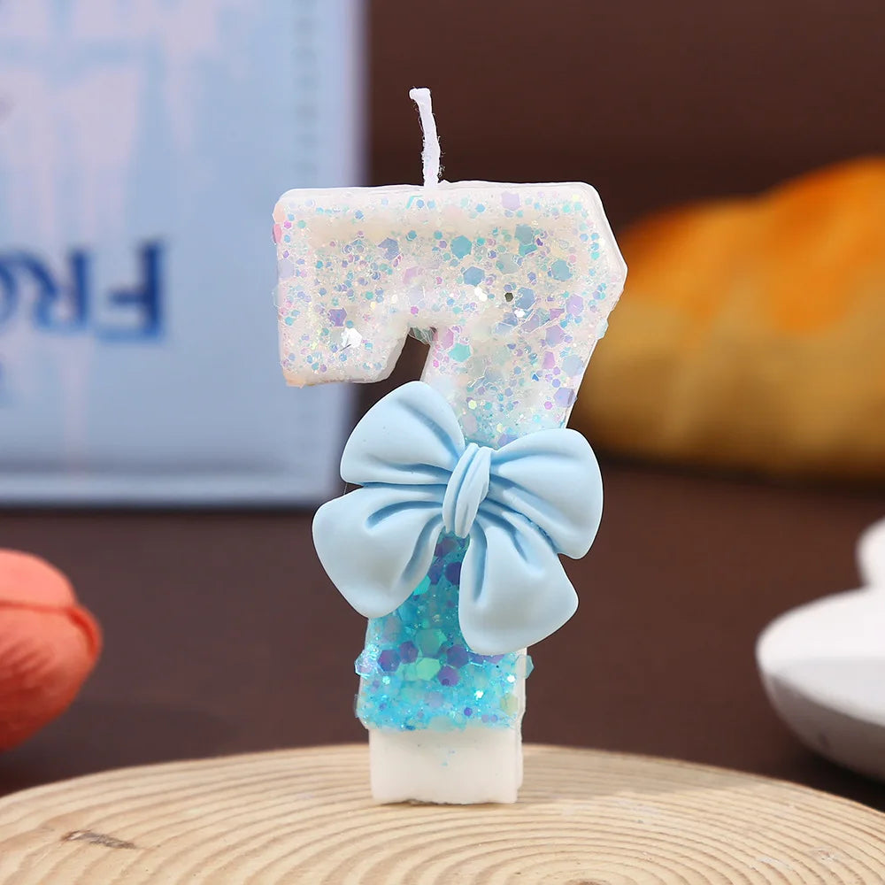 Blue and White Color Block Sequin Bow Digital Candle Birthday Party Cake Candle Creative Super Shiny Candle