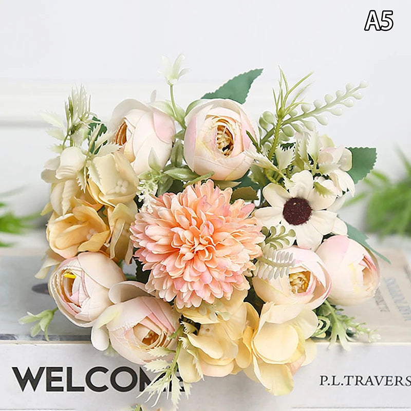 Artificial 1PC Flowers Wedding Home Bedroom Decoration Bridal Bouquet Garden Fake Silk Roses Hydrangeas Vase For Board Outdoors
