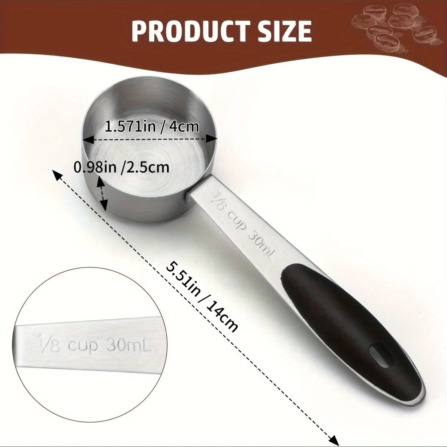 30ml Measuring Cup Stainless Steel Coffee Scoop with Silicone Handle Coffee Spoon Measuring Tools Kitchen Gadgets for Cooking