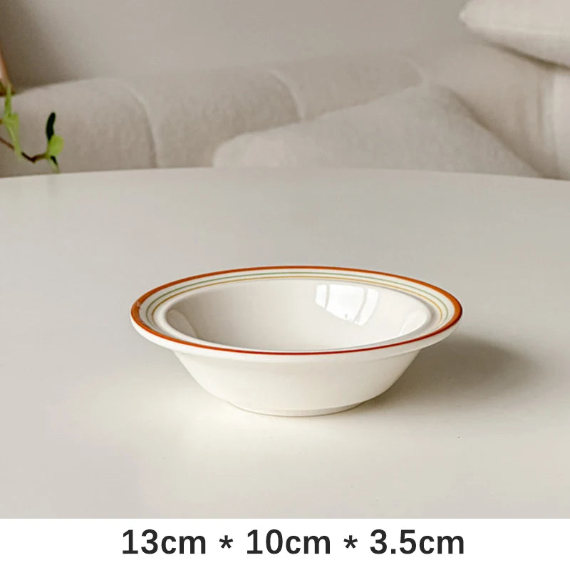 Korean Style Ins Ceramic Bowl Vintage Line Round Porcelain Tableware Breakfast Yogurt Milk Oats Lunch Rice Bowls Personal Items