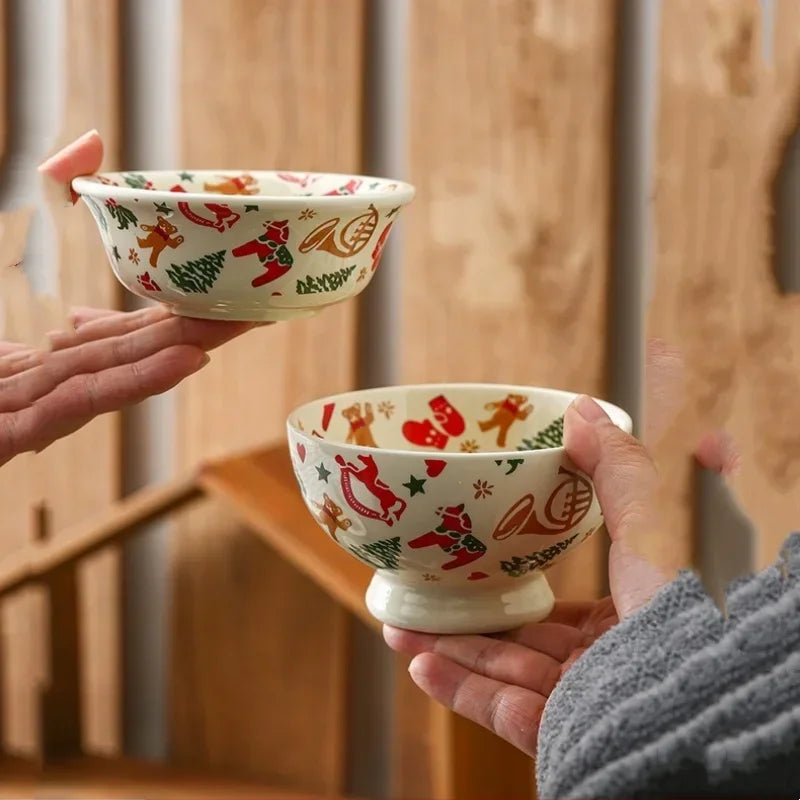 Christmas Ceramic Tableware Retro Bowls Plates Water Cup Breakfast Dessert Noodle Bowls Coffee Milk Cup Microwaveable Xmas Gift
