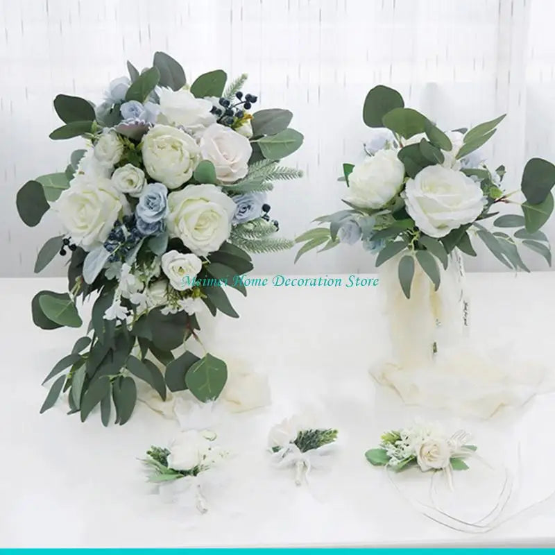 H7BF Artificial Flower Bouquet White Blue Simulation Silk Floral Fake Flowers for Wedding Party Bride Handheld Photography Props