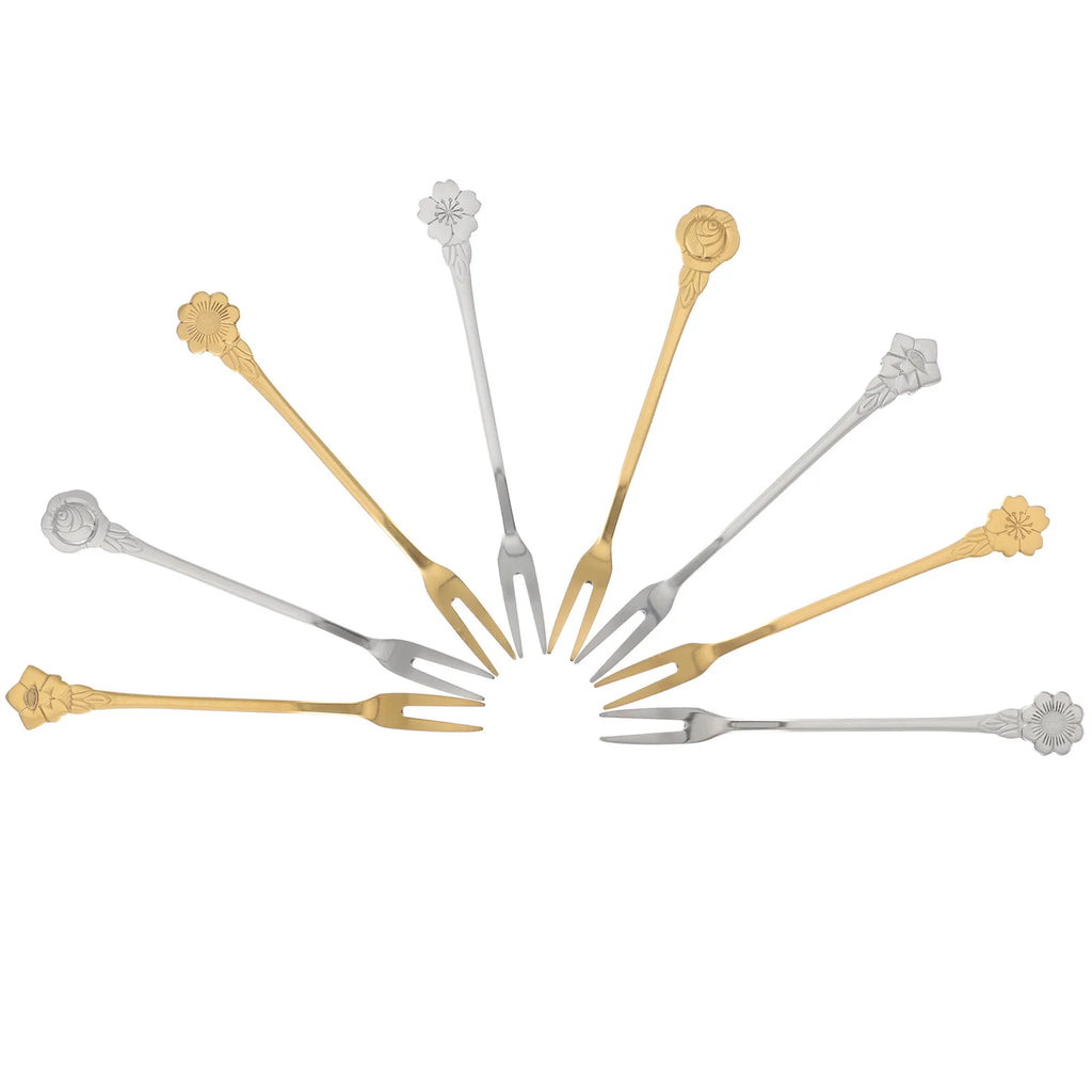 8pcs Stainless Steel Flower Dessert Forks For Cake Fruit Appetizer Party Buffet Salad Serveware Set Metal Sweet Forks