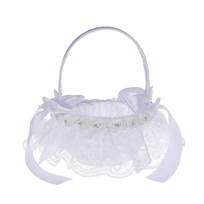 Wedding Flower Basket Bridesmaid Lace White Flower Girl Basket Vintage Rustic Wedding Ceremony Bridal Shower Table Decorations