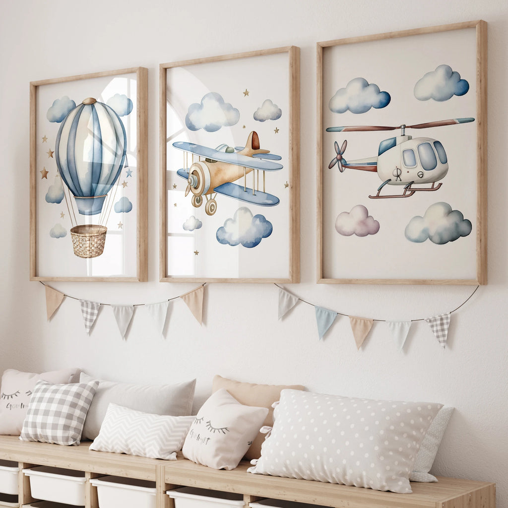 Cartoon Children Airplane Helicopter Hot Air Balloon Wall Art Prints Canvas Painting Poster Picture For Living Room Home Decor