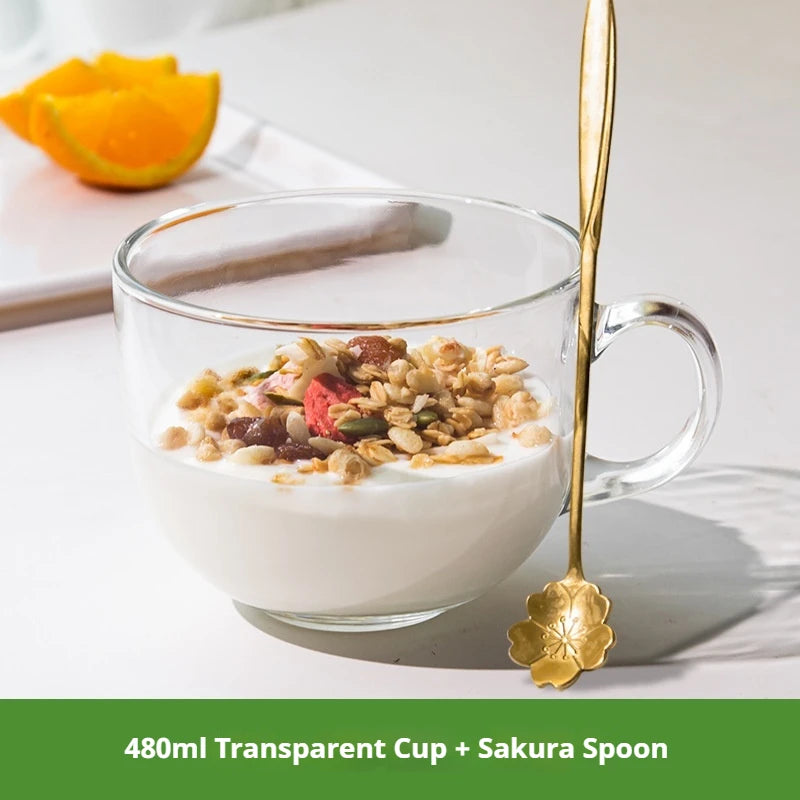 480ml Transparent Creative Glass Coffee Tea Mug Drinks Dessert Breakfast Milk Cup Glass Mugs Handle Drinkware With Cup Lid Spoon