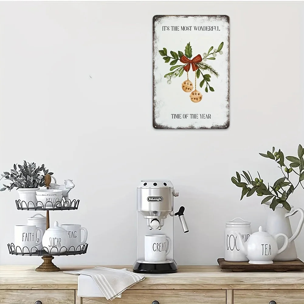 Vintage Christmas Tin Sign - 20.32x30.48 cm Iron Wall Art with Jingle Bells and Holly, Rustic Home Decor for Indoor or Outdoor U