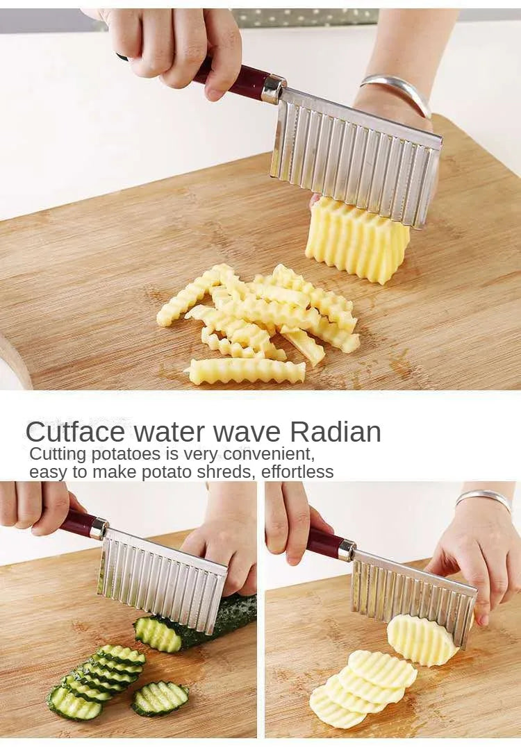 Stainless Steel Potato Crinkle Cutter Veggie Slicers wooden handle for Home Kitchen Vegetables Fruit Salad French Fry Slicer