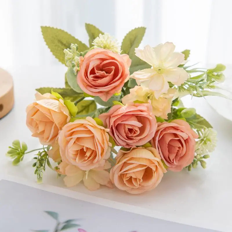 Artificial 1PC Flowers Wedding Home Bedroom Decoration Bridal Bouquet Garden Fake Silk Roses Hydrangeas Vase For Board Outdoors