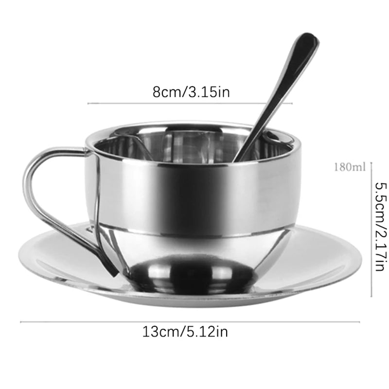 3pcs Stainless Steel Coffee Cup Set Double Walled Heat Resistant Mug With Saucer Spoon Drink Tableware Kitchen Cafe Accessories