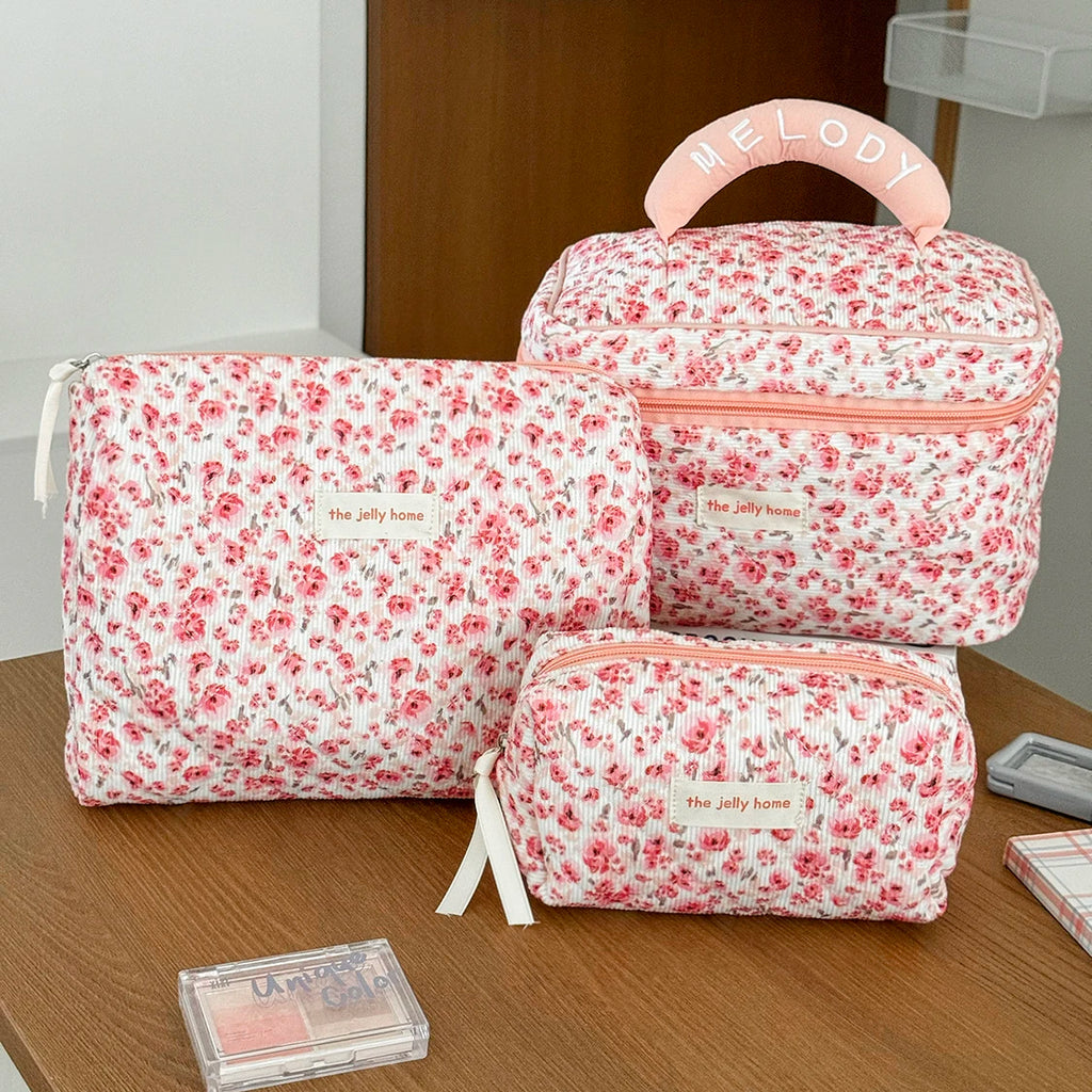 Fashion Pink Flower Women's Clutch Bag Sets Toiletry Makeup Tool Storage Pouch Quilting Cosmetics Organizers Handbag for Travel