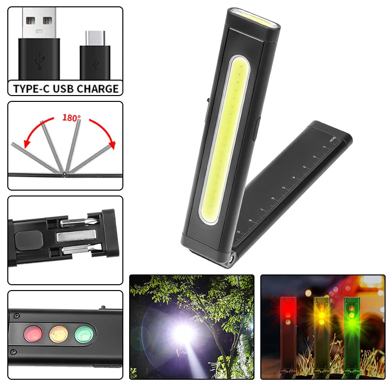 Mini LED Flashlight USB-C Rechargeable with Ruler, Multi-Source Lighting, Hidden Screwdriver Tool Kit, Magnetic Work Light