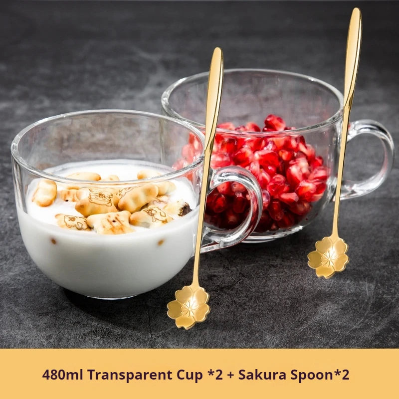 480ml Transparent Creative Glass Coffee Tea Mug Drinks Dessert Breakfast Milk Cup Glass Mugs Handle Drinkware With Cup Lid Spoon