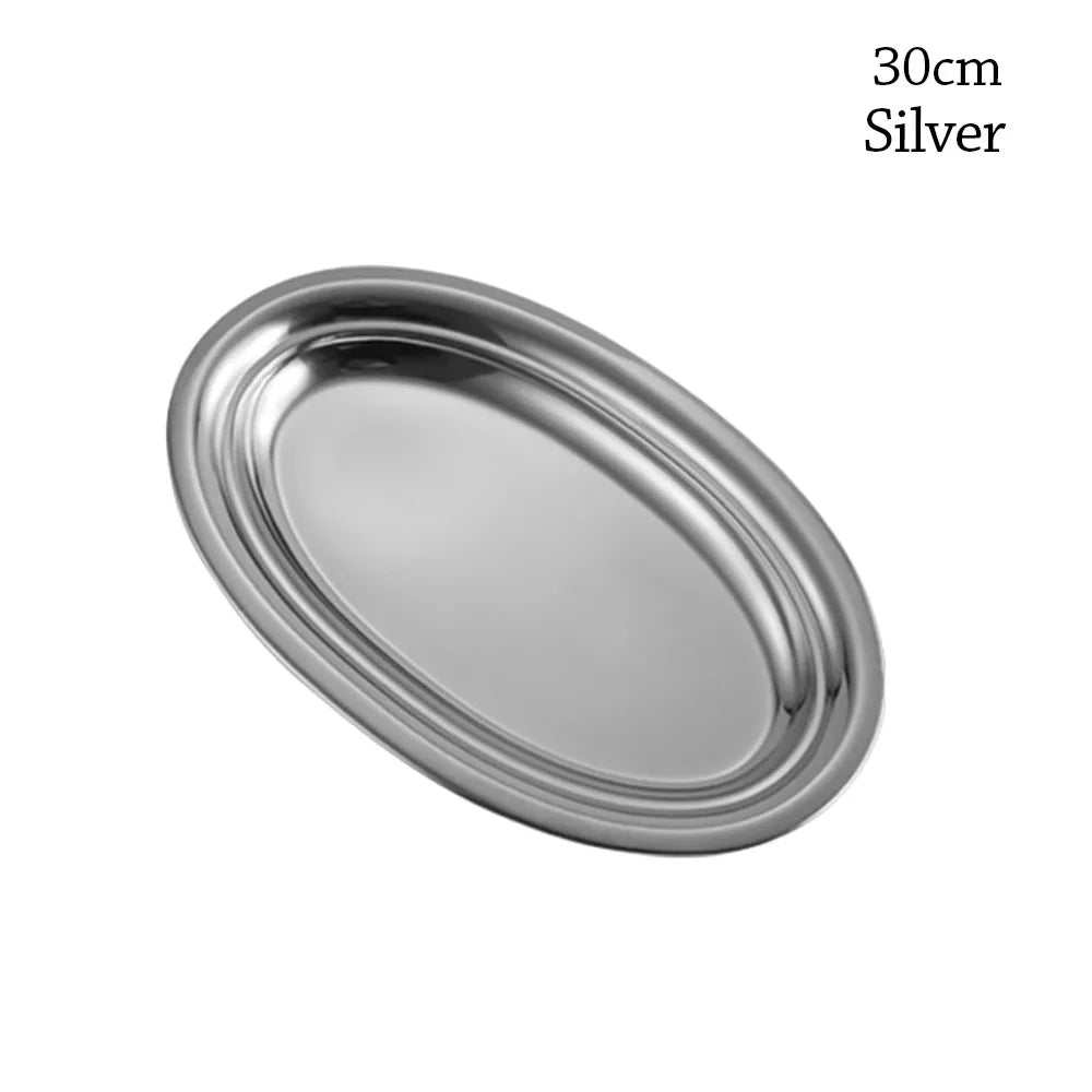 Durable 304 Stainless Steel Food Storage Serving Tray Multi-Size Ellipse Baking tray Large Capacity BBQ pan for Cooking Serving