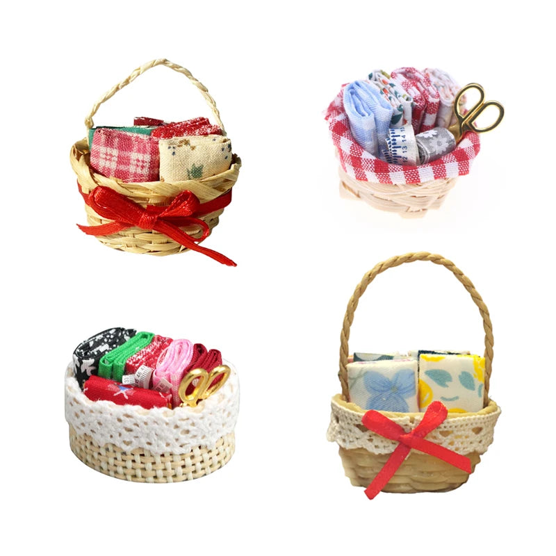 1/12 Dollhouse Simulation Mini Woven Fabric Basket Dollhouse Sewing Scene Decoration Accessories Dolls House Photo Props