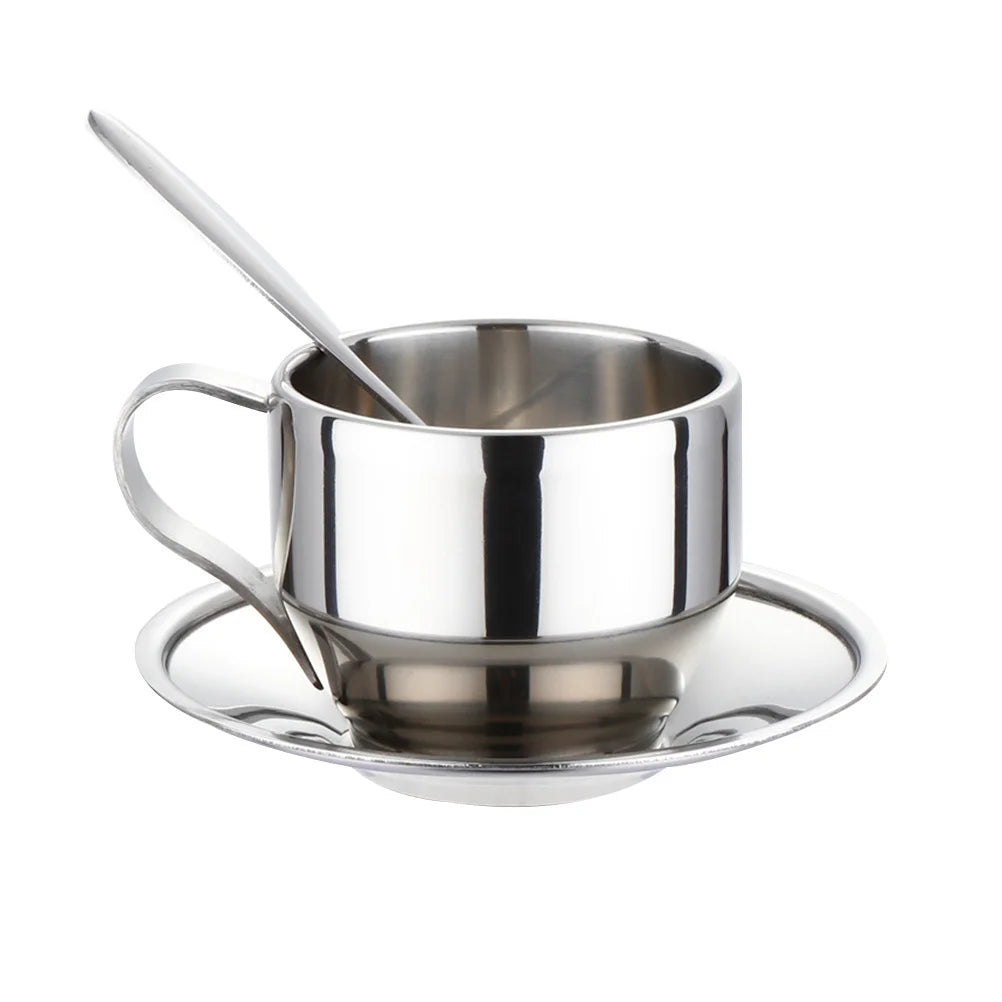 3Pcs Stainless Steel Tea Cup Coffee Cup Set Plate Spoon Ergonomic Handle Safe Material Perfect for Daily Coffee Tea