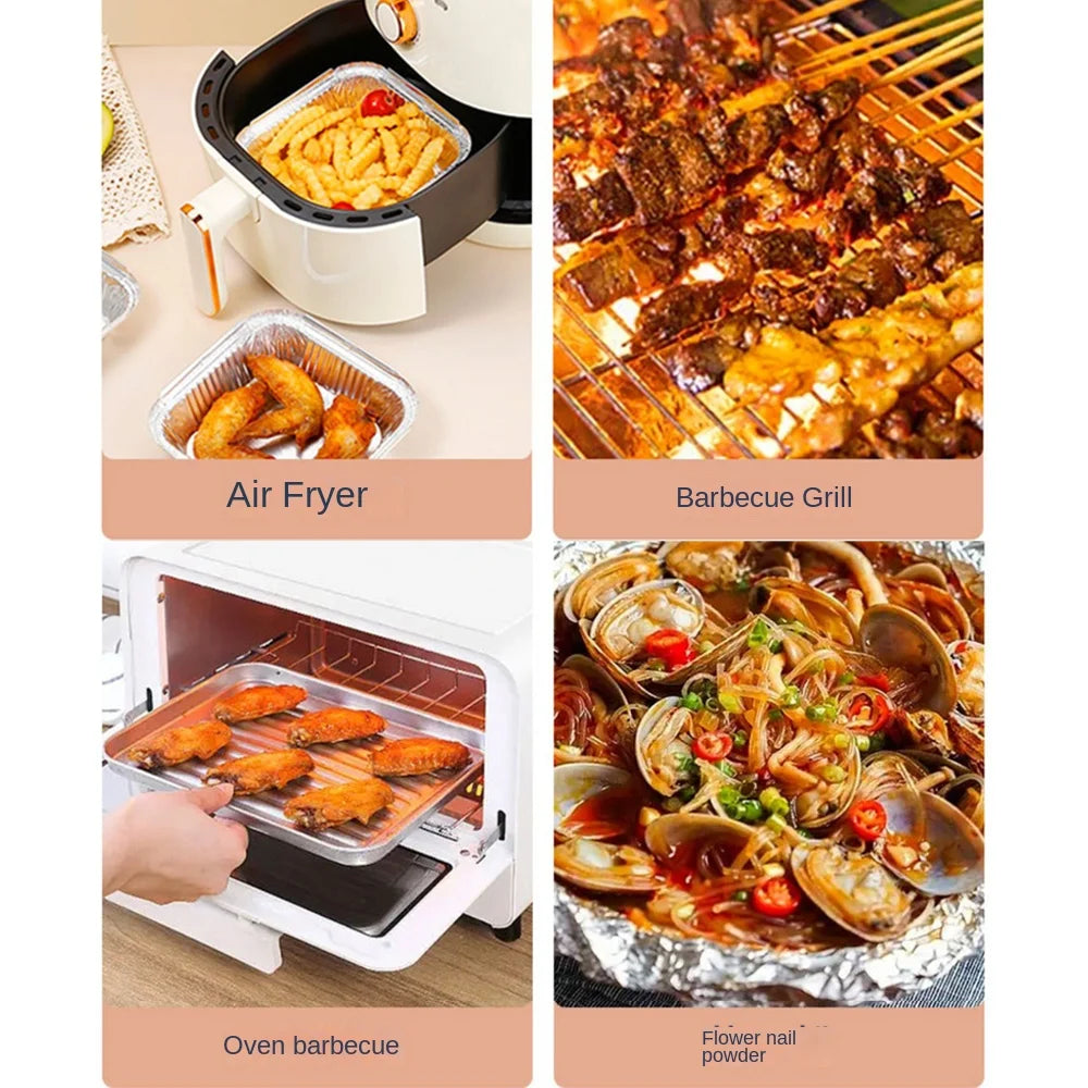 20CM Air Fryer Aluminum Foil Pan Kitchen Supplies Food Containers Square Oven BBQ Tray Oil-proof Non-stick Kitchen Baking Tool