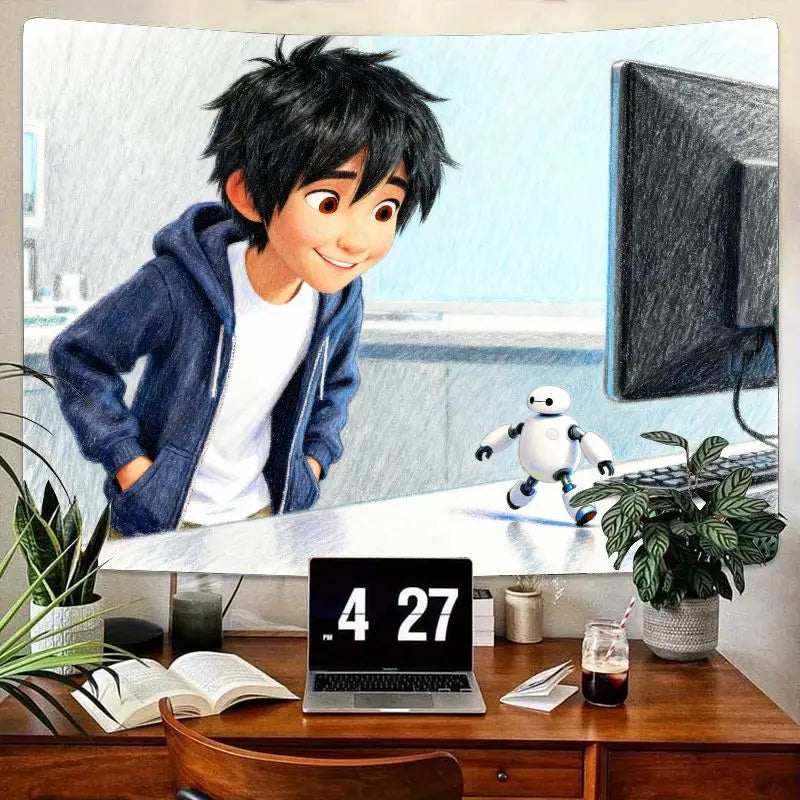 1PC Big Hero 6 Hiro Hamada Baymax Anime Tapestry, Modern Polyester Wall Art Decor for Kids Room Bedroom Dorm, Movie Fan Gift