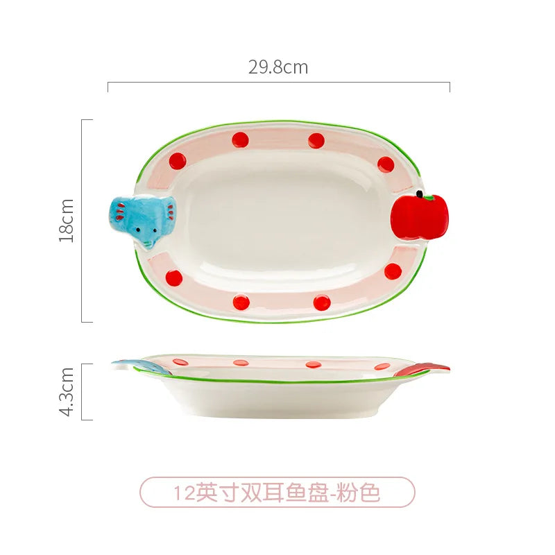 ‌Cute Apple Elephant Ramen Bowl-Microwave Safe Ceramic Tableware Set Cartoon Rice Noodle Dish Gift for New Home Pink Kitchenware