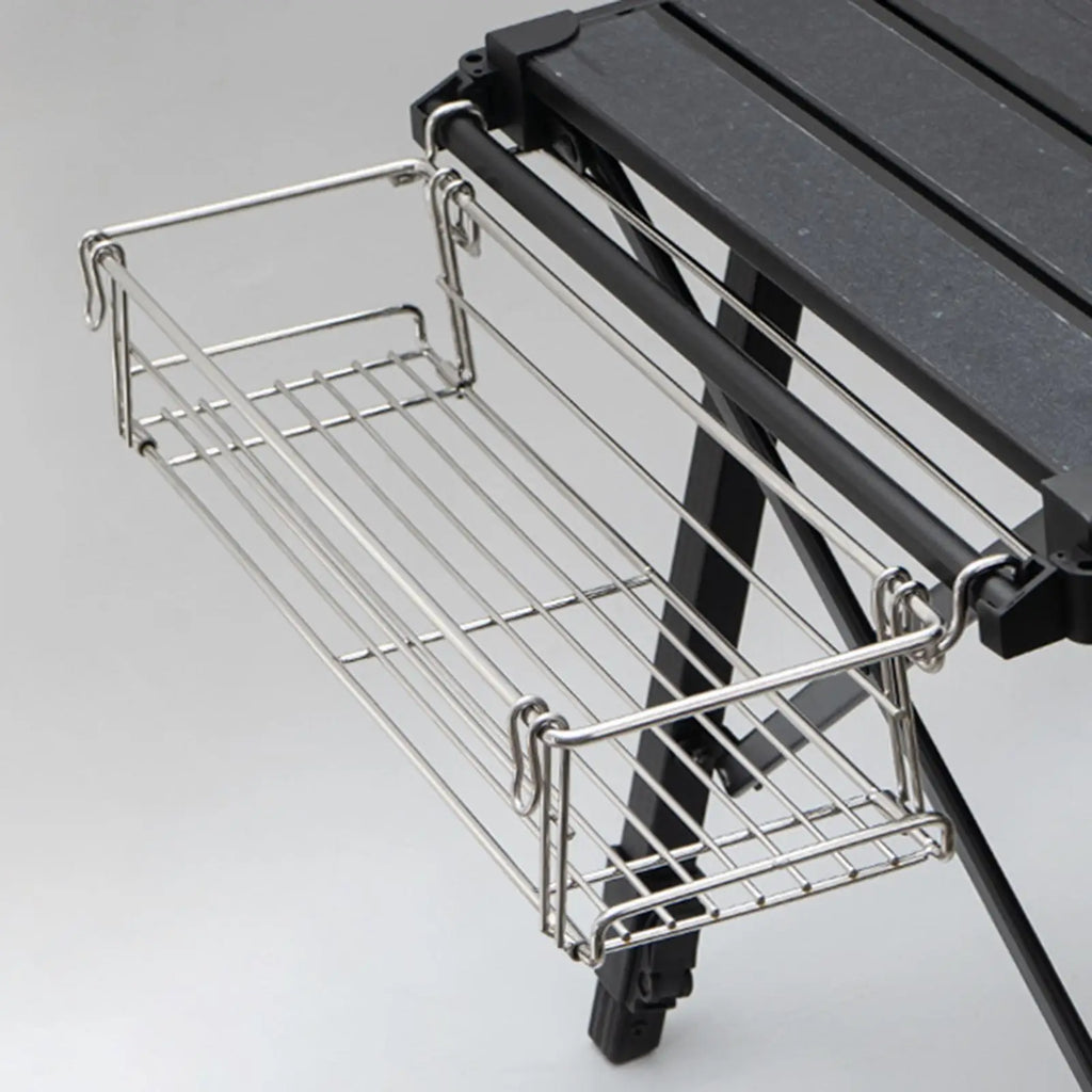 Table Side Basket Storage Rack Lightweight Stainless Steel Foldable Hanging Basket Shelf for Camping Beach Aluminum Desk Tent