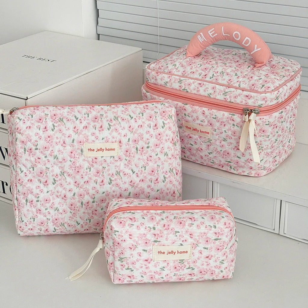 Fashion Pink Flower Women's Clutch Bag Sets Toiletry Makeup Tool Storage Pouch Quilting Cosmetics Organizers Handbag for Travel