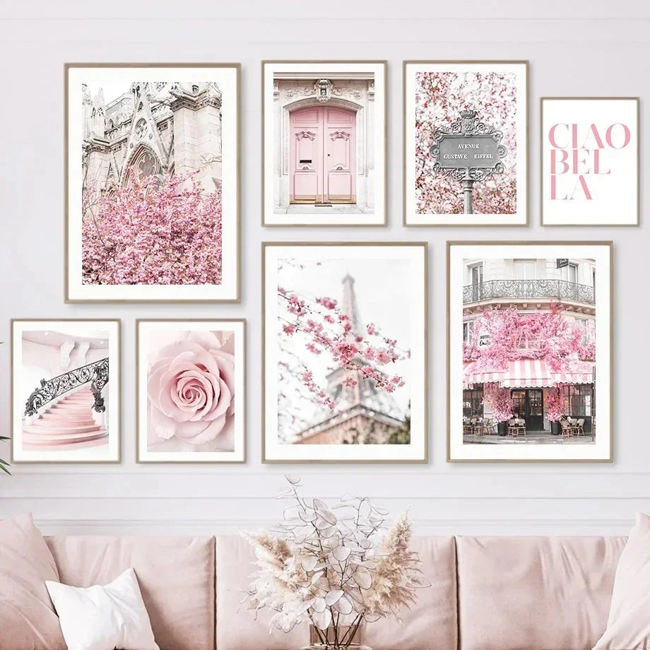Pink Sakura Spring Paris City Landscape Rose Peony Canvas Paintings Poster Wall Art Pictures for Living Room Bedroom Home Decor
