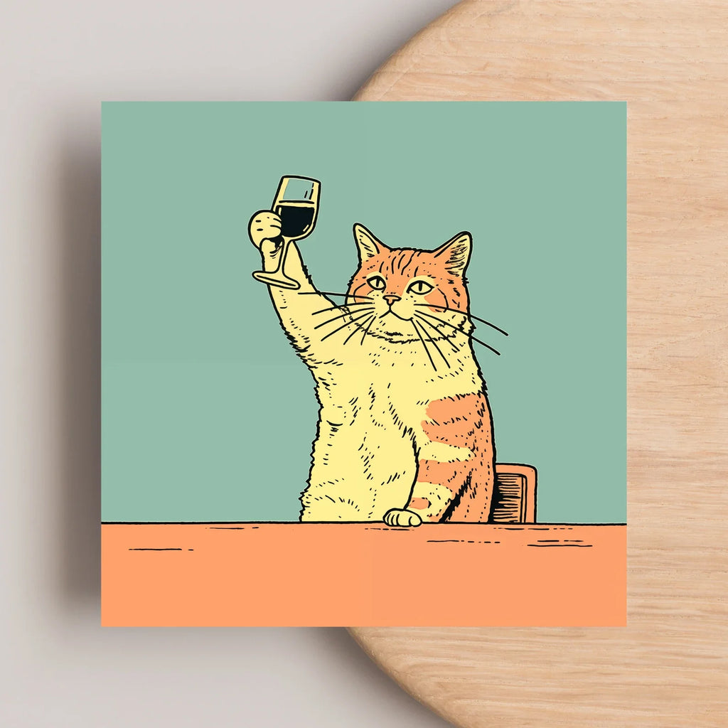 Funny Wine Cat Poster: Quirky Bar Cart Art for Bar Decor Cat Drinking Print Funny Cat Poster Yellow Wall Decor Gift for love