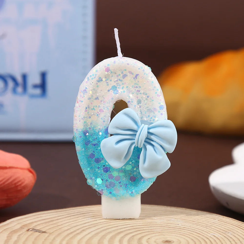 Blue and White Color Block Sequin Bow Digital Candle Birthday Party Cake Candle Creative Super Shiny Candle