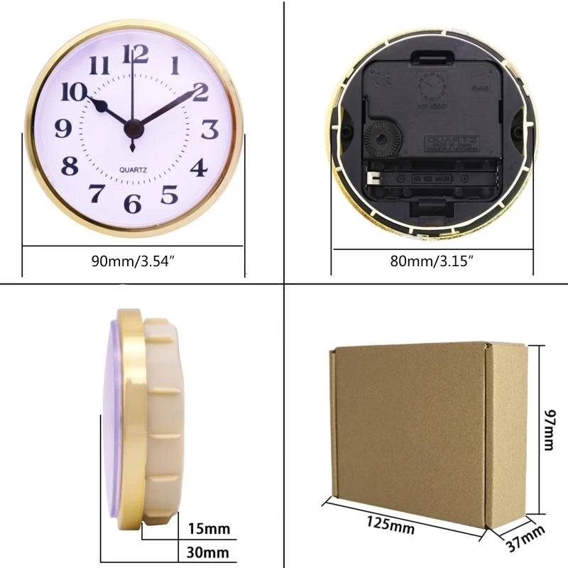Golden for Rim 90mm Clock Insert Embedded Mini Wall Clock for Head DIY Movement with Arabic Numerals