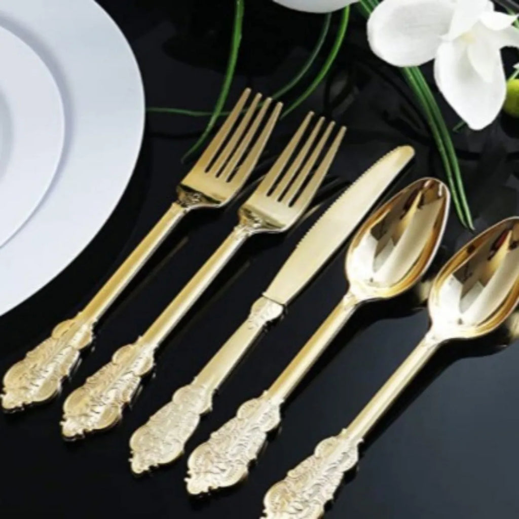 Gold Plastic Silverware Heavy Duty Elegant Disposable Utensils Gold Plastic Cutlery Set Forks Spoons for Dinner Parties Weddings