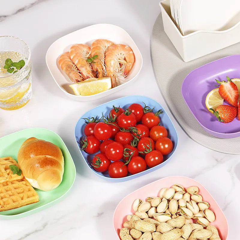 10 Square Dinner Plates with 1 Holder Food Plate Set Snacks Dessert Plastic Candy Cookie Storage Tray Straw Bone Spitting Plate