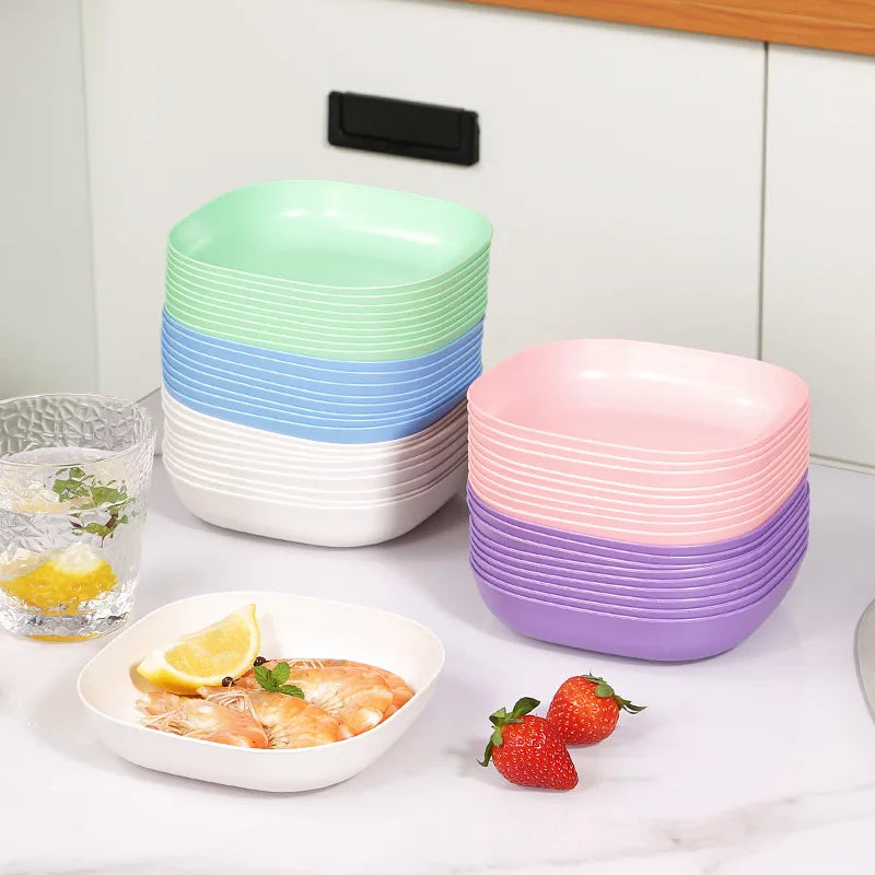 10 Square Dinner Plates with 1 Holder Food Plate Set Snacks Dessert Plastic Candy Cookie Storage Tray Straw Bone Spitting Plate