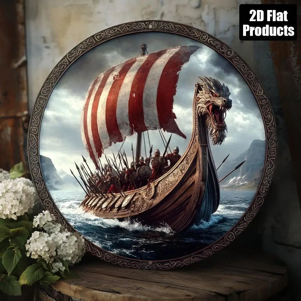 2D Flat - Viking Ship with Dragon Head 2D Aluminum Wall Art - 20.32x20.32 cm Round Decorative Sign, High-Definition Vintage Them