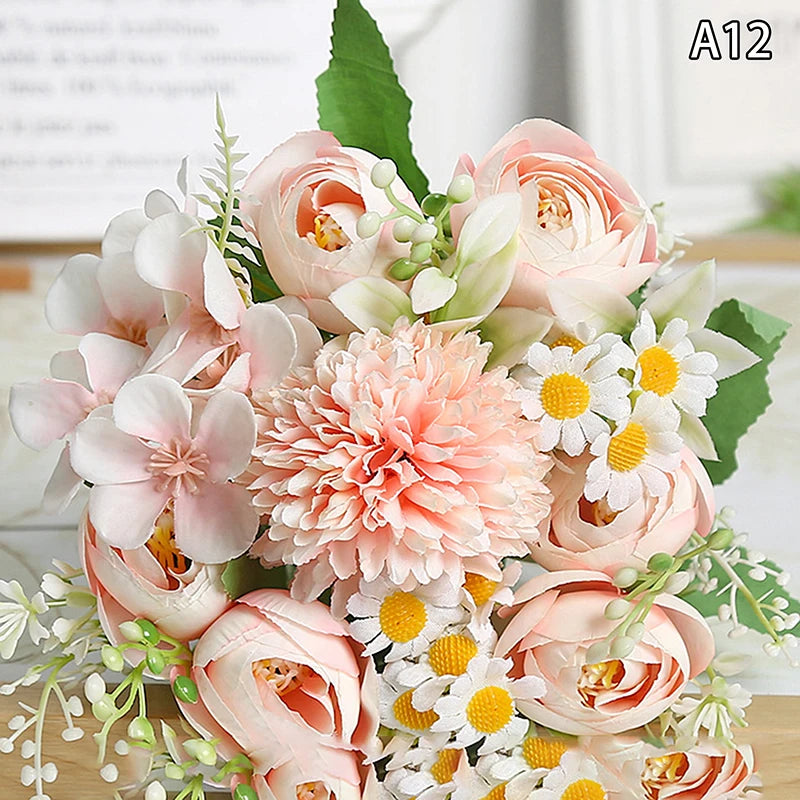 Artificial 1PC Flowers Wedding Home Bedroom Decoration Bridal Bouquet Garden Fake Silk Roses Hydrangeas Vase For Board Outdoors