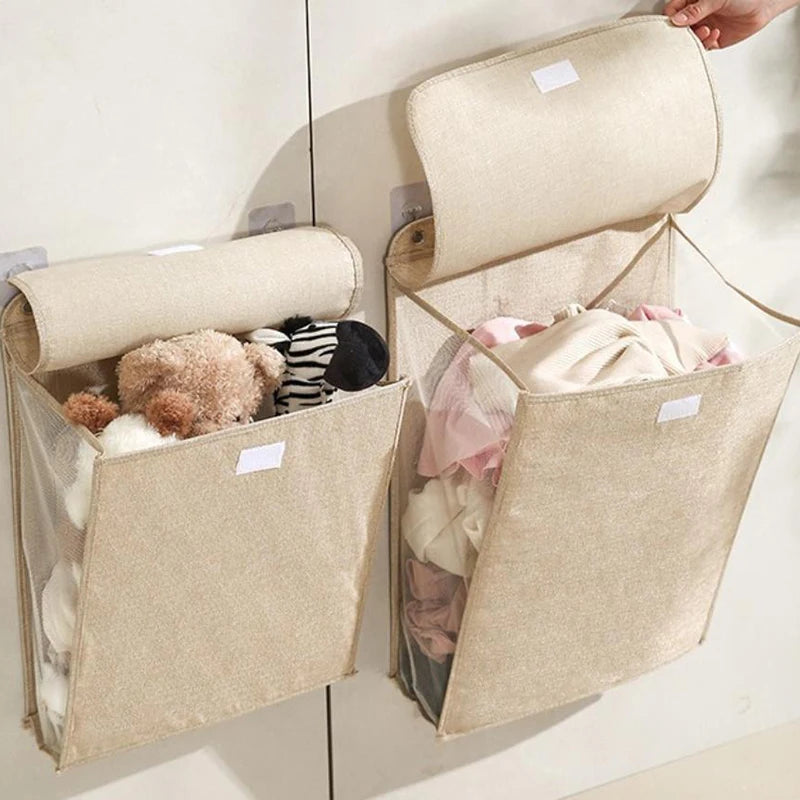Washing Clothes Mesh Hook Organizer Foldable Adhesive Laundry Basket Hamper, Multifunctional Punch Free Wall Hanging