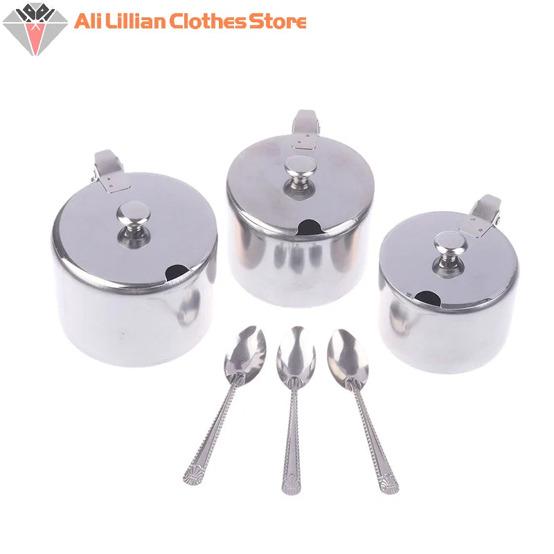 Practical Stainless Steel Sugar Bowl With Handle Lid Spoon Dustproof Waterproof Seasoning Jar Kitchen Restaurant Spice Container