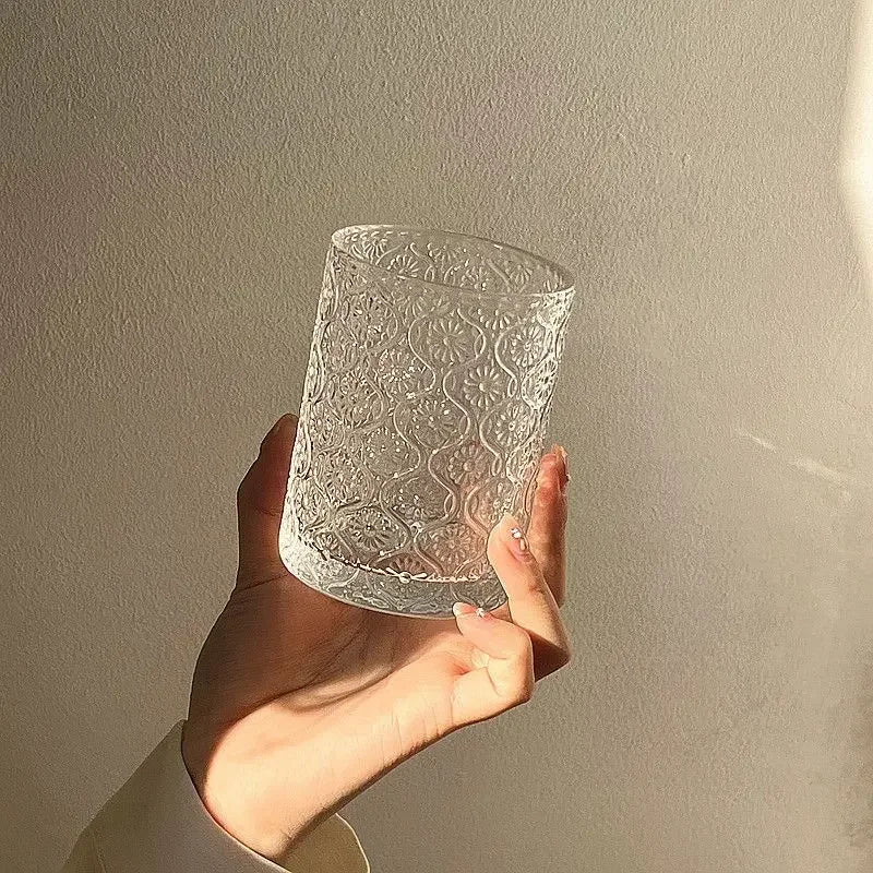 Ins Begonia Carved Glass Simple Ice American Latte Cup Milk Drink Cup Household Water Cup