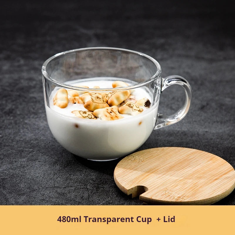 480ml Transparent Creative Glass Coffee Tea Mug Drinks Dessert Breakfast Milk Cup Glass Mugs Handle Drinkware With Cup Lid Spoon