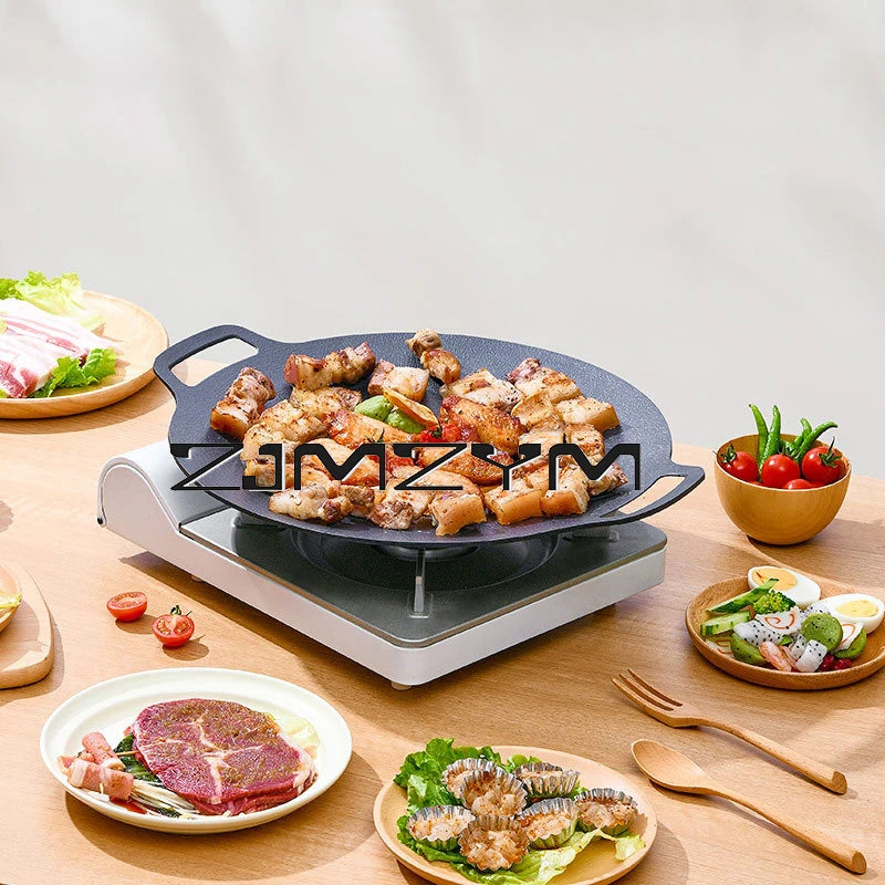 Round Grill Pan Thick Cast Iron Frying Pan Flat Pancake Griddle Non-stick Maifan Stone Cooker Barbecue Tray BBQ Pan