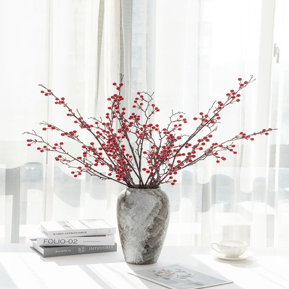 1pc Artificial plants Ilex Little Red Fruits NewYear Home Vase table Garden bonsai holiday Party Wall Wedding Decor DIY Gift Box