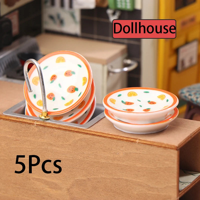 5Pcs 1/12 Dollhouse Mini Plates Dishes Model Dollhouse Simulation Kitchen Decoration Dolls House Accessories Pretend Play Toys