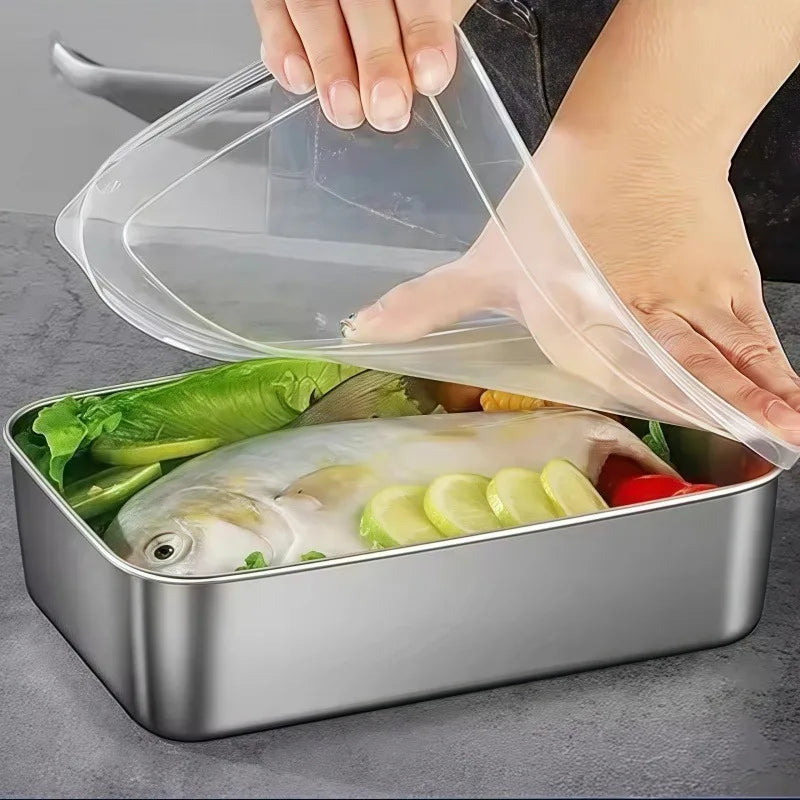 Thickened Square Plate Stainless Steel Rectangular Food Storage Pan With Lid Commercial Dish Tray Freshing Lunch Box Container