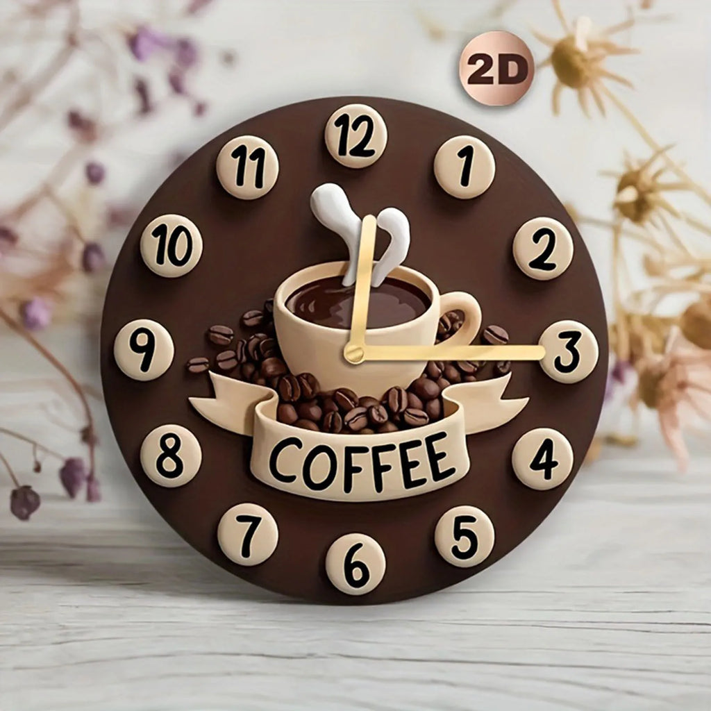 2D Coffee Cup Clock Fashion Simple Silent Hanging Ornament Wooden Wall Clock for Farmhouse Home Kitchen Home Cafe Decoration