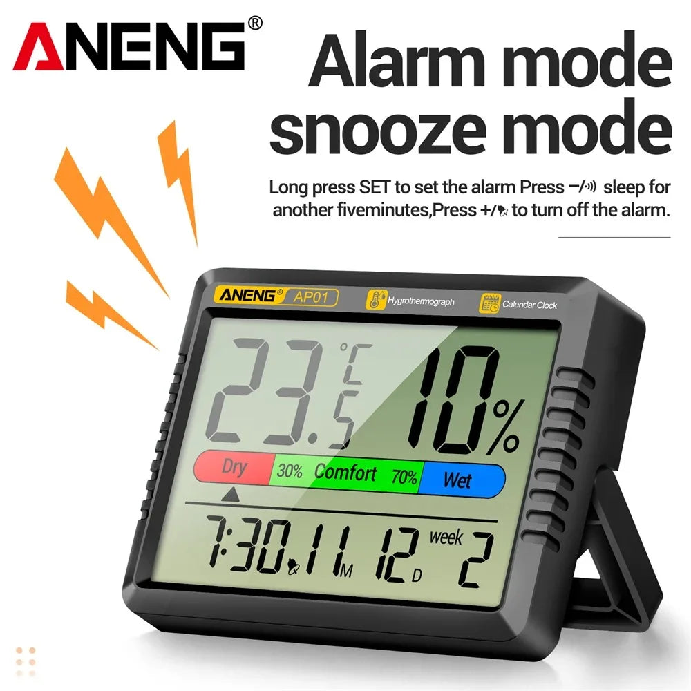 ANENG AP01 Digital Air Thermometer Hygrometer Desktop Alarm Clock Mini Table Thermohygrometer With High Definition Screen