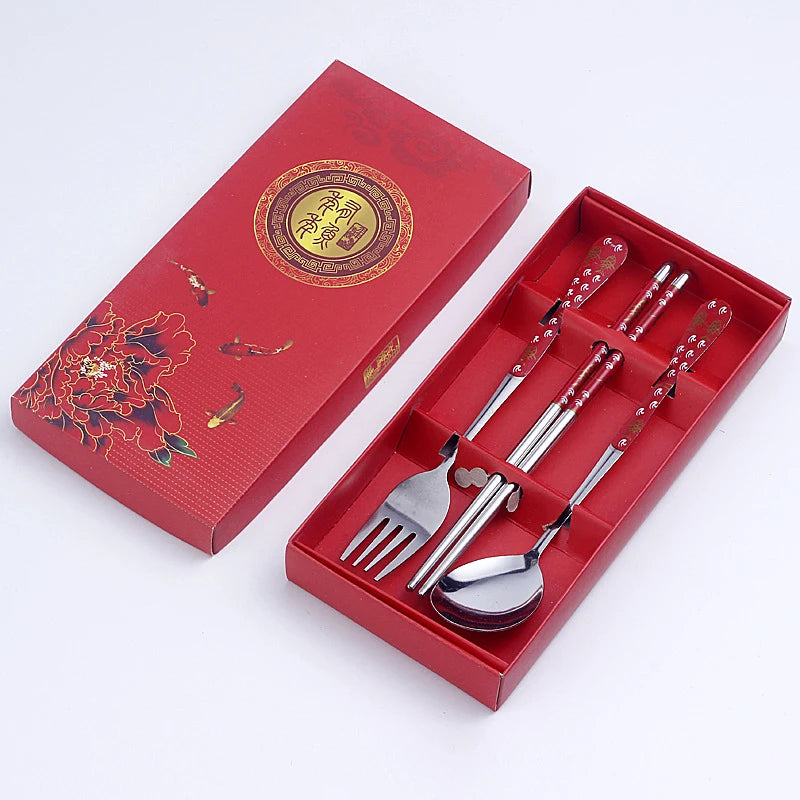 3PC Set of Blue and White Porcelain Tableware Stainless Steel Chopsticks Spoon Fork Gift Box Portable Travel Tableware Set