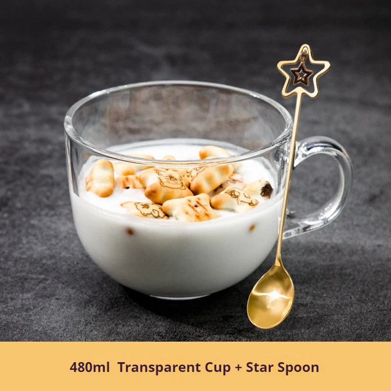 480ml Transparent Creative Glass Coffee Tea Mug Drinks Dessert Breakfast Milk Cup Glass Mugs Handle Drinkware With Cup Lid Spoon
