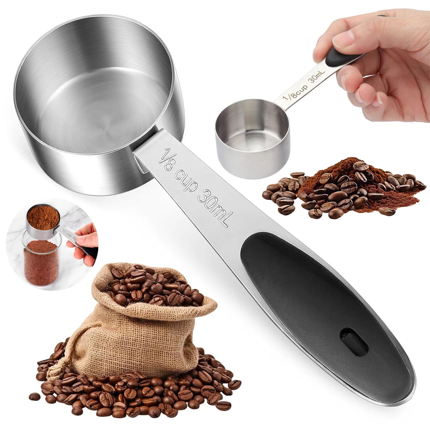30ml Measuring Cup Stainless Steel Coffee Scoop with Silicone Handle Coffee Spoon Measuring Tools Kitchen Gadgets for Cooking
