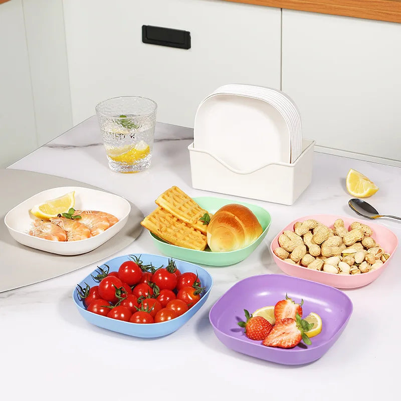 10 Square Dinner Plates with 1 Holder Food Plate Set Snacks Dessert Plastic Candy Cookie Storage Tray Straw Bone Spitting Plate